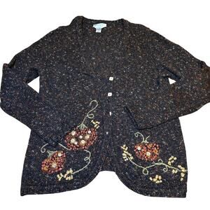 Christopher & Banks Hand Embroidered Brown Speckled Cardigan Autumn Pumpkins M